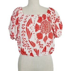 Haute‎ Hippie Red White Floral Puff Sleeve Crop Top Linen Blend Boho Festival S